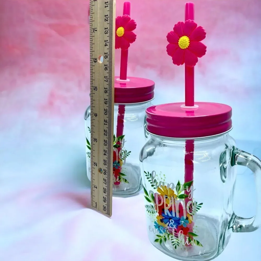 Happy Spring & Everything l Hand-painted l 16 oz. l Mason Jar l Decorative Straw